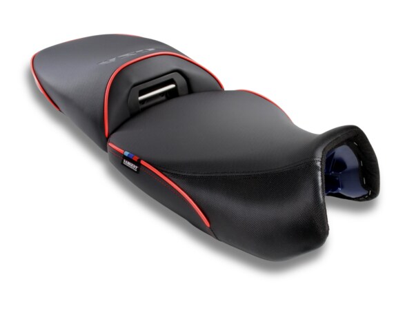 Sargent Cycle Products new Performance Plus 2-pc motorcycle seats for the BMW R 1300 GSA with DTX, Gripzones, and Racing Red Welt, Regular Height Front seat..
